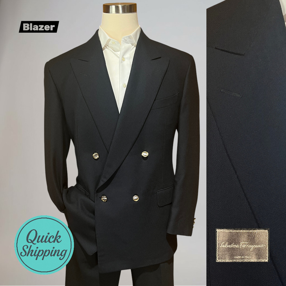 Ferragamo 44R Blazer Midnight Navy Blue Double Breasted Gold Buttons Statement